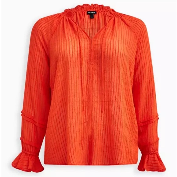 Torrid Vibrant Orange Boho Peasant Top with Ruffle Balloon Sleeves - Picture 4 of 5